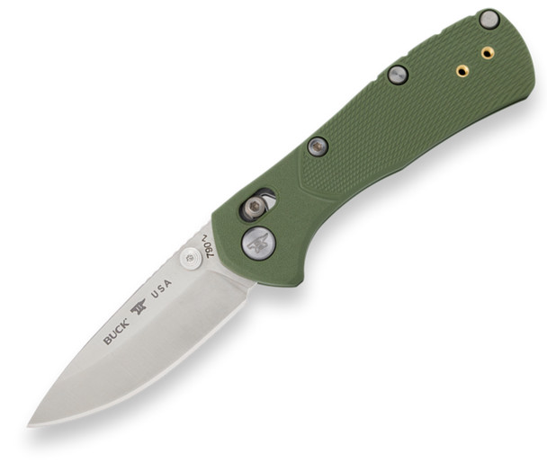 Open view of the Buck 0790 Mini Range Pro Folding Knife with satin 154CM blade and green GFN handle.