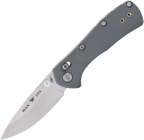 Open view of the Buck 0790 Mini Range Pro Folding Knife showing satin 154CM blade and gray GFN handle.