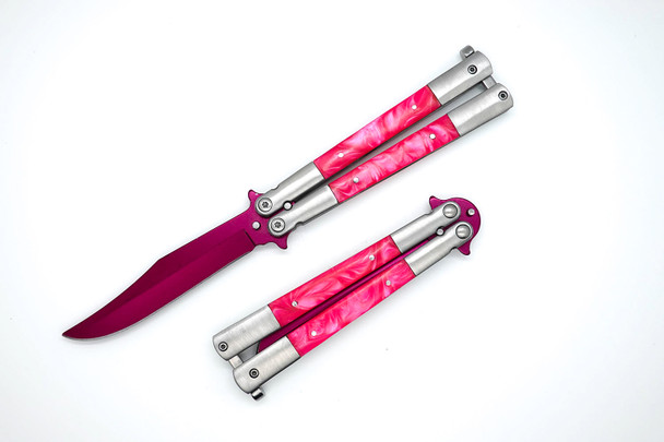 Miami Pop balisong butterfly knife with open pink blade and pink swirl inlays.