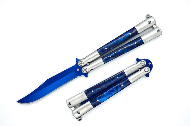 Midnight Current balisong butterfly knife with dark blue blade and swirl inlays, open view.

Closed Midnight Current butterfly knife showing deep blue inlays and stainless handles.