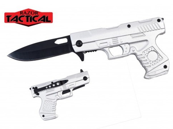 Silver gun-shaped folding knife with black spring-assisted blade open
