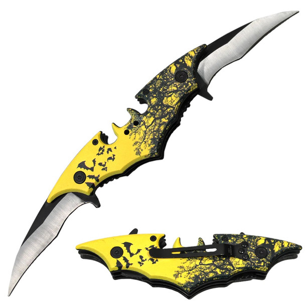 Yellow Shadow Wing Dual Blade Bat Knife open showing both stainless steel blades and bat-themed handle.
