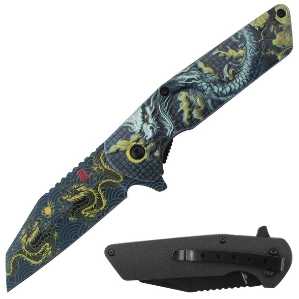Golden Serpent Assisted Knife open with 3D dragon design across tanto blade and handle.

Closed Golden Serpent Knife showing textured black reverse side with pocket clip.