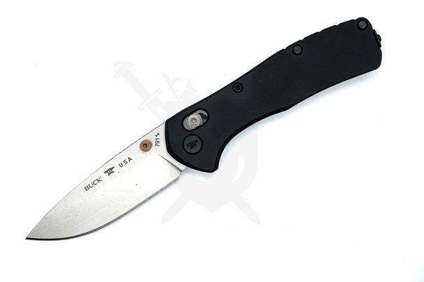Buck 0791BKS Range Elite Folding Knife with CPM MagnaCut satin drop point blade and black aluminum handle — open left-side view.