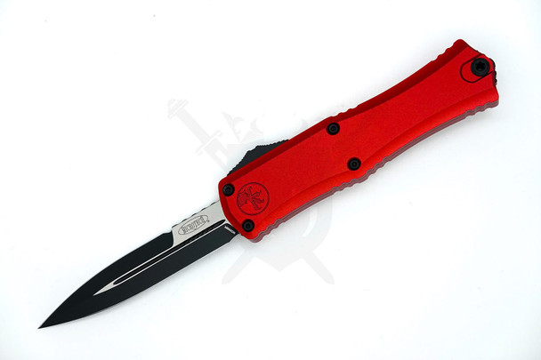 Microtech Hera II Mini OTF AUTO knife open, showing 3" black double-edge bayonet blade and red deep-engraved aluminum handle on white background.