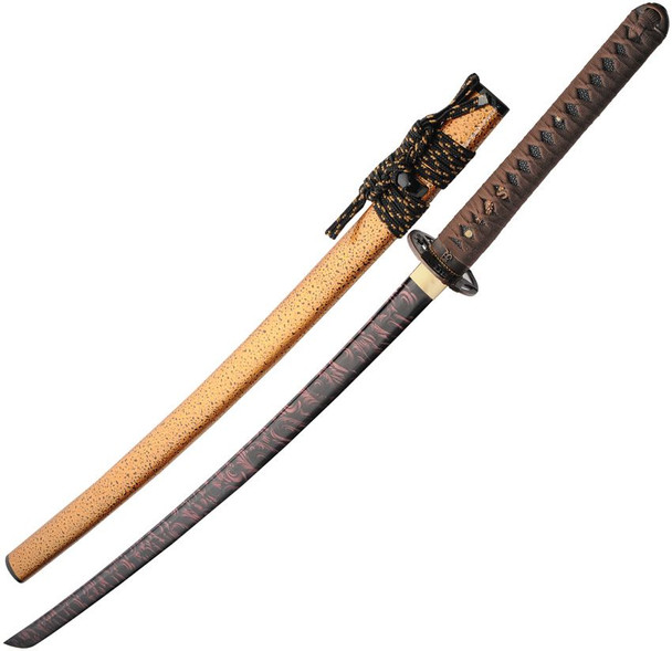 Sakura Samurai Sword unsheathed beside gold scabbard, showing red and black patterned 1045 carbon steel blade.