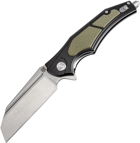 Artisan Apache Nomad Linerlock Green D open, showing stonewashed D2 blade and black aluminum handle with green G10 inlays.