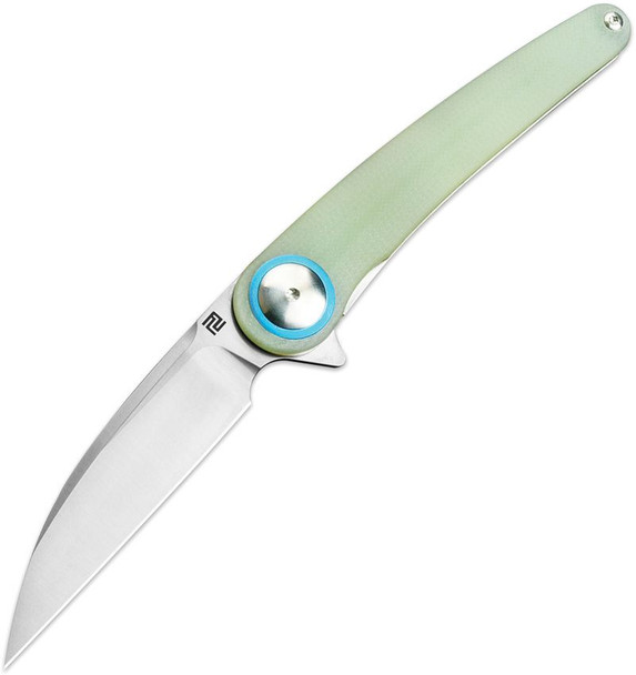 Cazador Linerlock open, highlighting satin Wharncliffe blade and curved jade handle with blue hardware accent.