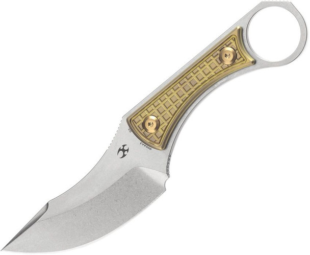 Kansept Niko Fixed Blade featuring stonewashed D2 blade and bronze frag titanium handle with finger ring.