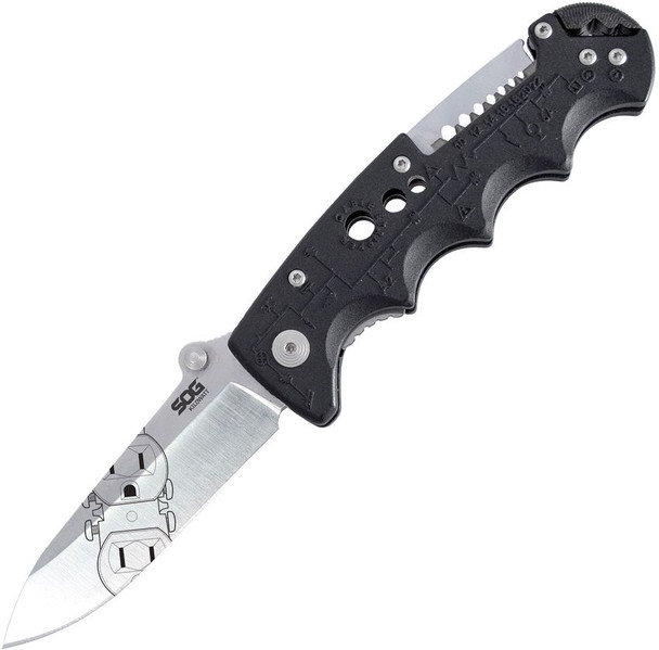 SOG Kilowatt Electrician’s Folding Knife with 3.4" satin AUS-8 blade and black schematic handle shown open.