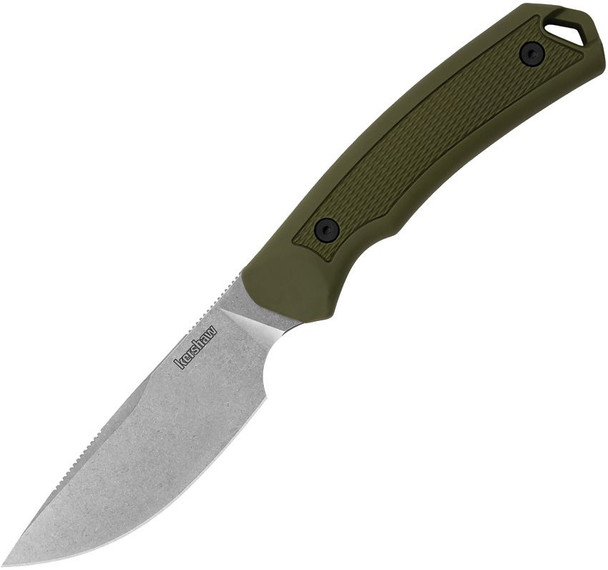 Kershaw Deschutes Skinner Knife with olive handle and stonewashed D2 blade, shown open against white background.