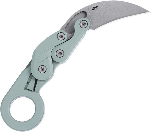 CRKT Provoke 4041GR open showing stonewashed hawkbill blade and sage green Grivory handle.