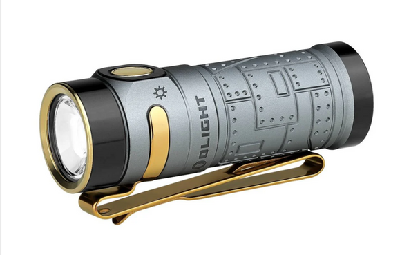 Olight Baton 4 Fighter Pilot Edition flashlight with metallic gray finish and gold accents