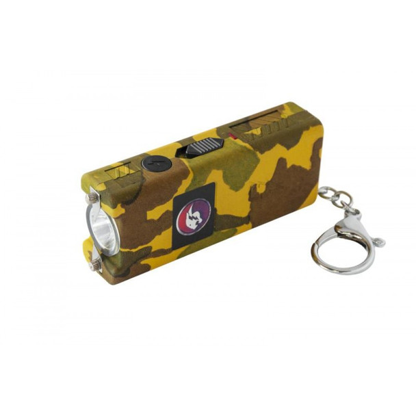 Cheetah Nitro miniature stun gun in camo finish shown angled with LED facing forward and attached keychain ring.