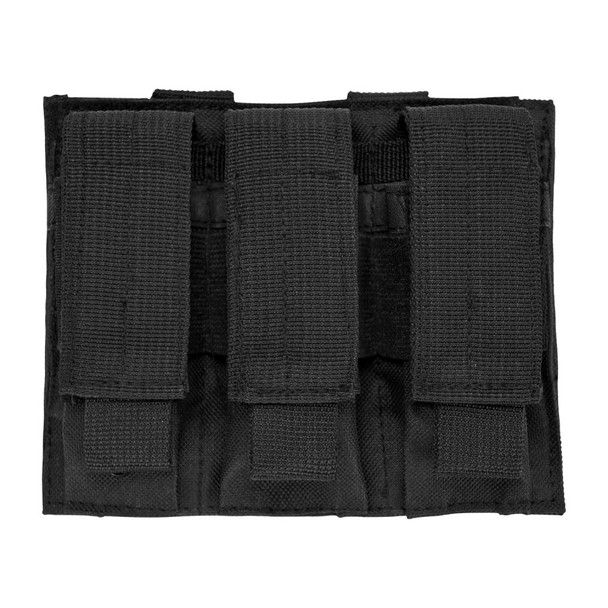 Image 1: Front view of the VISM Triple Pistol Mag Pouch in black showing three flap-secured magazine pockets.