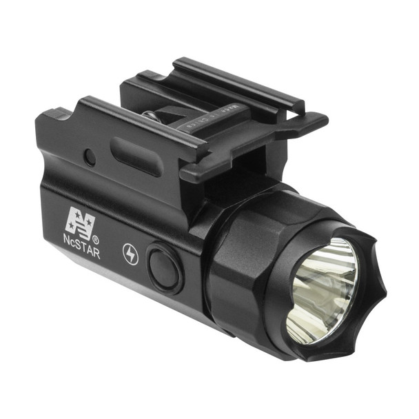 Image 1: NcSTAR 150 Lumen compact pistol flashlight with strobe, angled front view showing bezel and reflector.