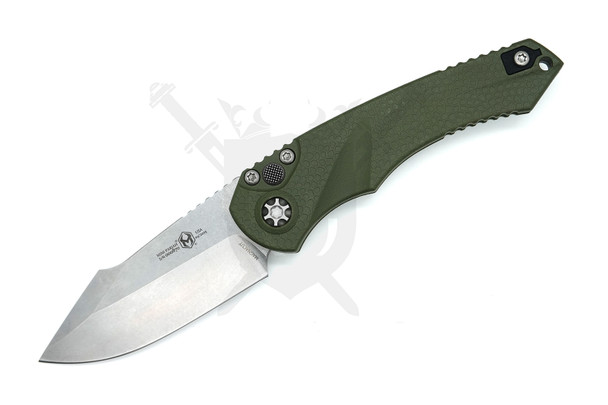 Heretic Mini Pariah AUTO knife with stonewashed MagnaCut harpoon blade and OD Green Gator Grip handle (open position).