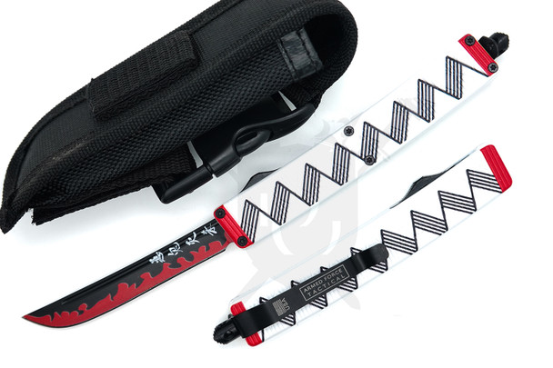 A striking fusion of anime-style katana aesthetics and modern OTF mechanics, the Katana Flame Quick-Slide Knife delivers showpiece visuals with everyday carry practicality. Featuring a bold white handle wrapped in a black zig-pattern motif and accented with red end caps, this knife brings unmistakable character to your collection. The black-and-red trailing-point blade showcases fire-etched artwork and stylized kanji characters, giving it a dramatic look straight out of a fan-favorite series.

The fast-track slide mechanism deploys the blade with a clean, controlled action for reliable everyday use. At 3.375 inches, the stainless steel blade offers an agile cutting profile suited for light utility tasks while still maintaining the unmistakable curve of a katana tip. A deep-carry pocket clip and included nylon sheath give you flexible carry options whether you're on the move, at work, or adding it to your display.

Perfect for collectors, anime fans, and EDC enthusiasts seeking something unique, this OTF blade blends creativity with capability—all in a slim, comfortable form factor.

Specifications

Blade Length: 3.375 inches

Overall Length: 8.375 inches

Closed Length: 5 inches

Weight: 4.34 oz

Blade Color: Black/Red

Blade Style: Trailing Point

Blade Edge: Plain

Handle Color: White with Black Zig Pattern & Red Accents

Mechanism: Quick-Slide (Single Action)

Pocket Clip: Yes

Sheath/Holster: Nylon Sheath Included

Theme: Flames / Anime-Inspired