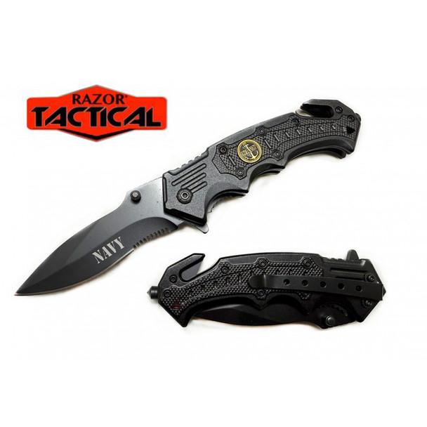 Razor Tactical Navy spring assisted folding knife with black coated drop point blade, metal handle, glass breaker, seat belt cutter, and removable metal pocket clip shown open and closed on a white background.