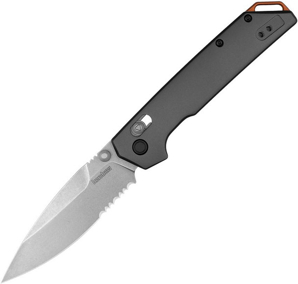 Kershaw Iridium 2038ST folding knife open, showing a two-tone D2 spear point combo blade and gray anodized aluminum handle on white background.