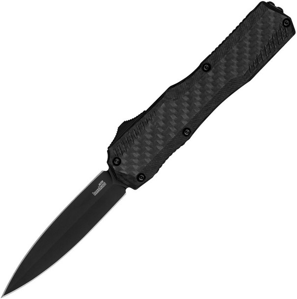 Kershaw Livewire 9000DECF OTF automatic knife open, featuring a black PVD CPM-MagnaCut double-edge dagger blade and carbon fiber handle on white background.