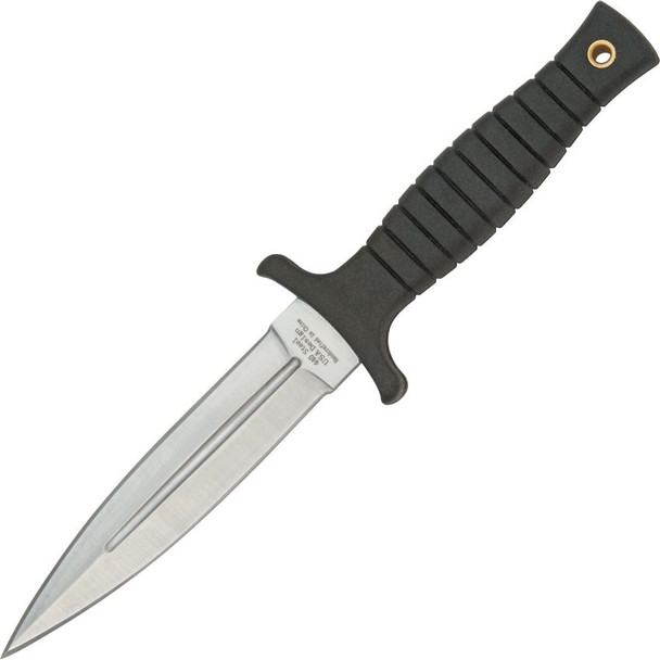 MTech MT097SL boot fixed blade knife with a 4.5-inch stainless dagger blade, black grooved rubber handle, and compact fixed blade design on white background.