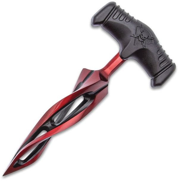 United Cutlery M48 Cyclone push dagger featuring a twisted tri-edge black and red dagger blade with a black T-handle grip on white background.
