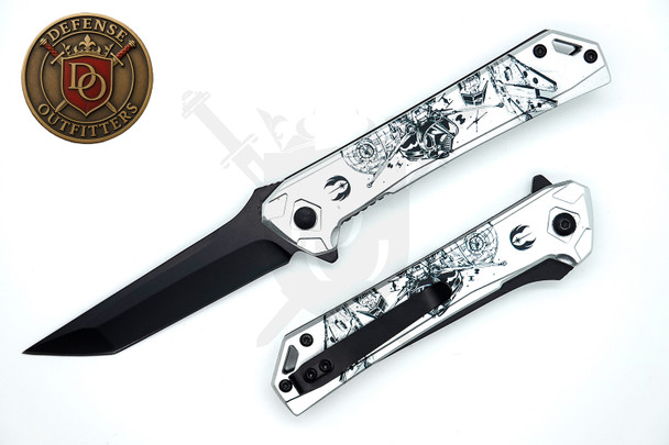Dark Lord’s Edge 8-inch assisted opening pocket knife featuring a black stainless steel tanto blade and an aircraft aluminum handle with Dark Lord themed graphic artwork, shown open and closed on a white background.