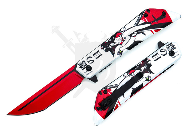Mihawk-inspired 8-inch assisted opening pocket knife featuring a red graphic-coated stainless steel blade and an aluminum handle with anime character artwork, shown open and closed on a white background.