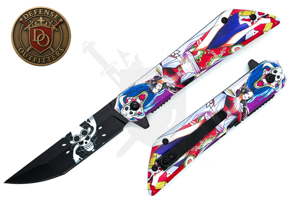 8-inch Boa Hancock-inspired assisted opening pocket knife featuring a black graphic stainless steel blade and colorful aluminum handle artwork, shown open and closed on a white background.