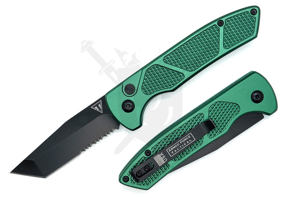 Green Vanguard Tactical automatic knife with a black tanto blade and CNC-textured aluminum handle, shown open and closed on a white background.