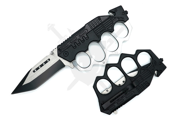 Combat Trench assisted opening knife open showing two-tone stainless steel blade and black handle