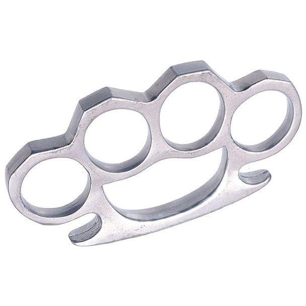 Compact silver self-defense knuckles made from lightweight aluminum with four finger holes, personal protection tool on white background