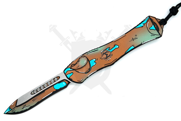 Heretic Knives Hydra V4 Shipwreck Cel Shade recurve OTF automatic knife open showing MagnaCut blade and cel-shaded aluminum handle