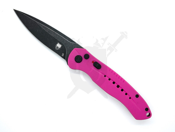 CobraTec Diablo automatic knife with bright pink G-10 handle and black stonewash D2 blade shown open from blade side