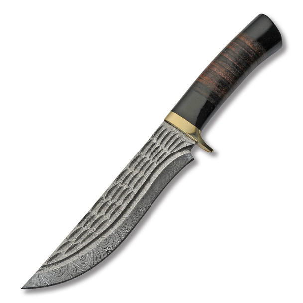Rite Edge Wave Hunter fixed blade knife showing Damascus steel blade with flowing wave pattern and contoured handle