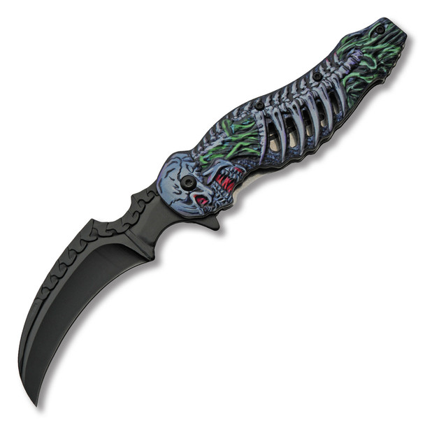 Szco Skull Talon assisted opening folding knife shown open with black acid wash talon blade and blue green skull handle