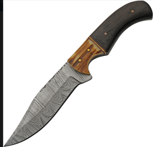 Damascus Eld Stag Hunter fixed blade knife with clip point blade and stag bone handle