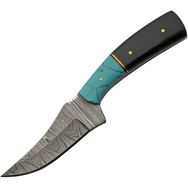 Damascus trailing point fixed blade knife with turquoise resin and buffalo horn handle