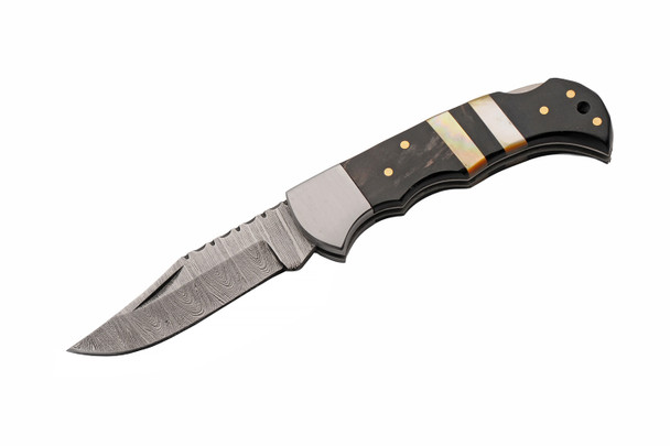 SZCO Ebony Tide folding knife open showing Damascus clip point blade and buffalo horn handle