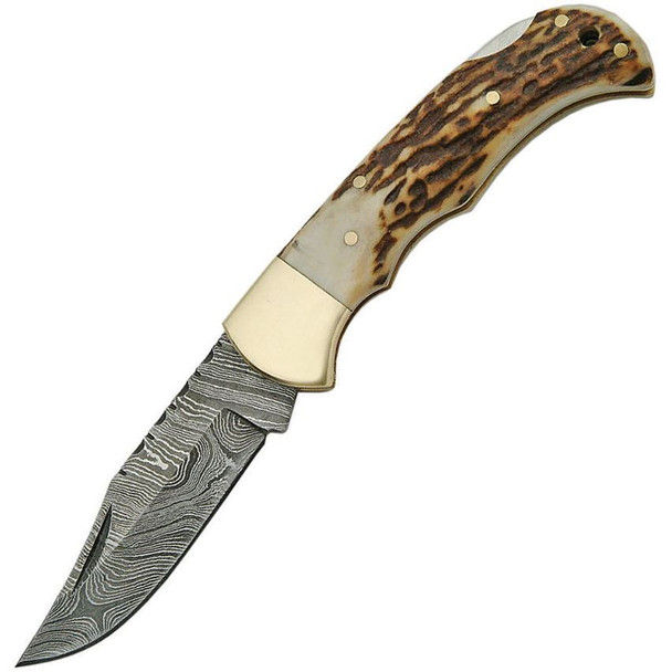 Damascus lockback folding knife with stag bone handle and clip point blade – model DM1161