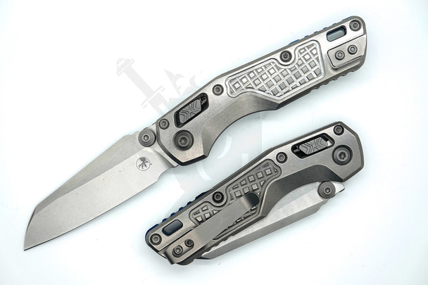 Microtech Marfione Select MSI RAM-LOK folding knife open showing stonewashed M390MK modified sheepsfoot blade