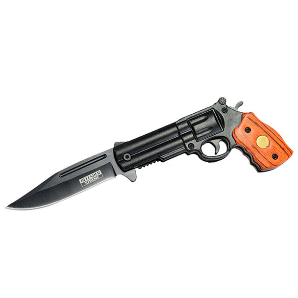 Defender Xtreme spring assisted gun knife open showing black blade and rosewood grip