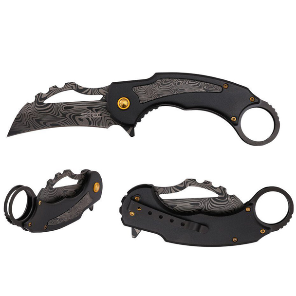 Black aluminum spring assisted karambit folding knife with Damascus pattern blade shown open and closed, featuring finger ring and curved blade design.