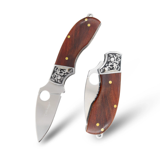 Elk Ridge manual folding pocket knife with wood handle and stainless filigree bolster, open and closed view