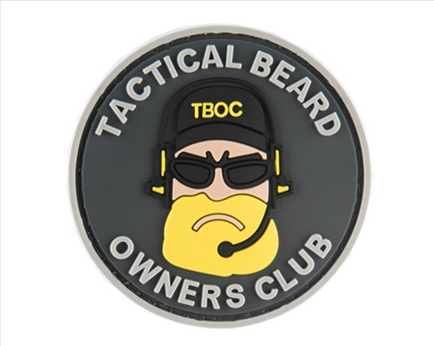 Round black and yellow G-Force Tactical Beard Owners Club PVC morale patch featuring a bearded character wearing a headset and sunglasses with hook-and-loop backing.