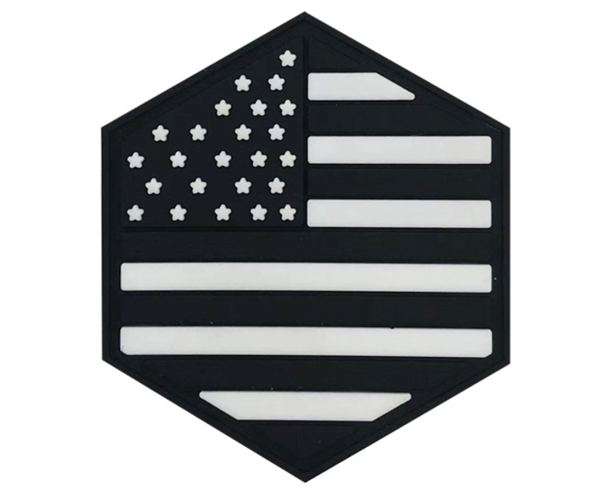 Black and white hexagon-shaped USA S.W.A.T flag PVC morale patch with hook-and-loop backing.