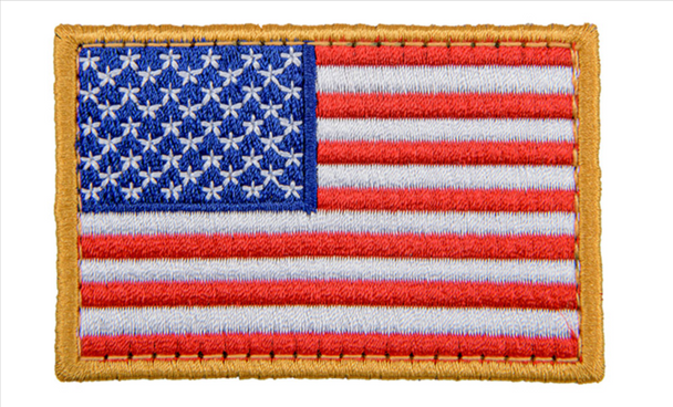 Embroidered forward-facing U.S. flag patch in full color with red, white, and blue stitching and hook-and-loop backing, measuring 3.25 inches by 2 inches.