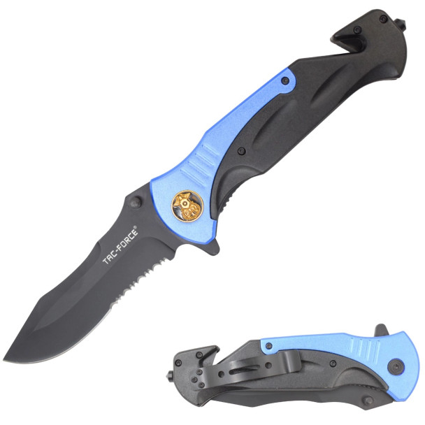 tac-force knife, spring assisted knife, rescue knife, police knife, edc knife, blue aluminum knife, serrated blade knife, glass breaker knife, seat belt cutter knife, everyday carry knife