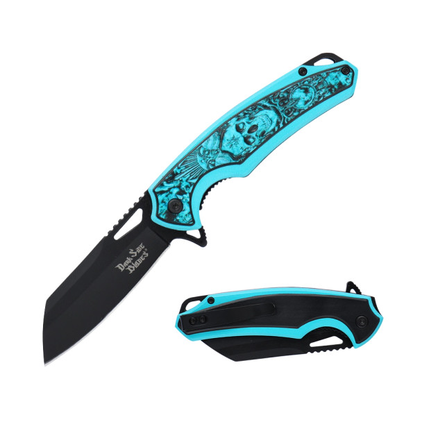 Dark Side Blades DS-A2003B spring assisted knife open showing black Wharncliffe blade and embossed skull handle